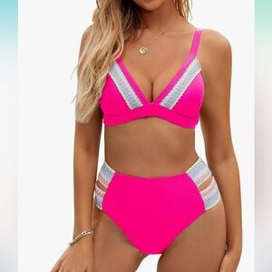 BMJL High Waisted Bikini Sets Two Piece V Neck Color Block Hot Pink Size XL NWT